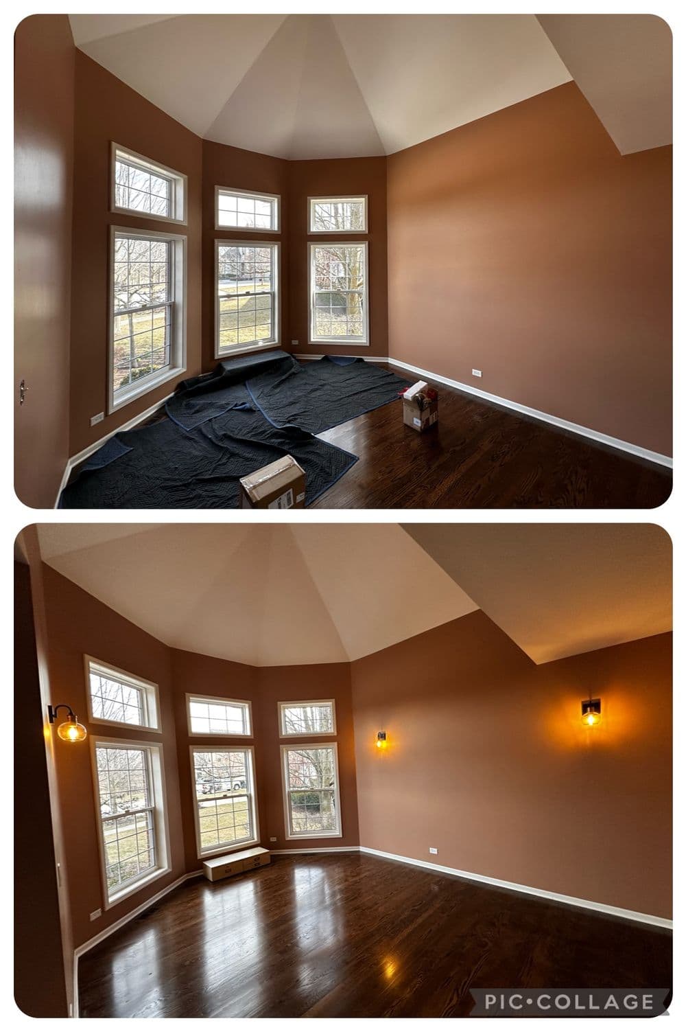 Bright, airy living room with large windows, hardwood floors, and fresh paint. Before and after lighting.