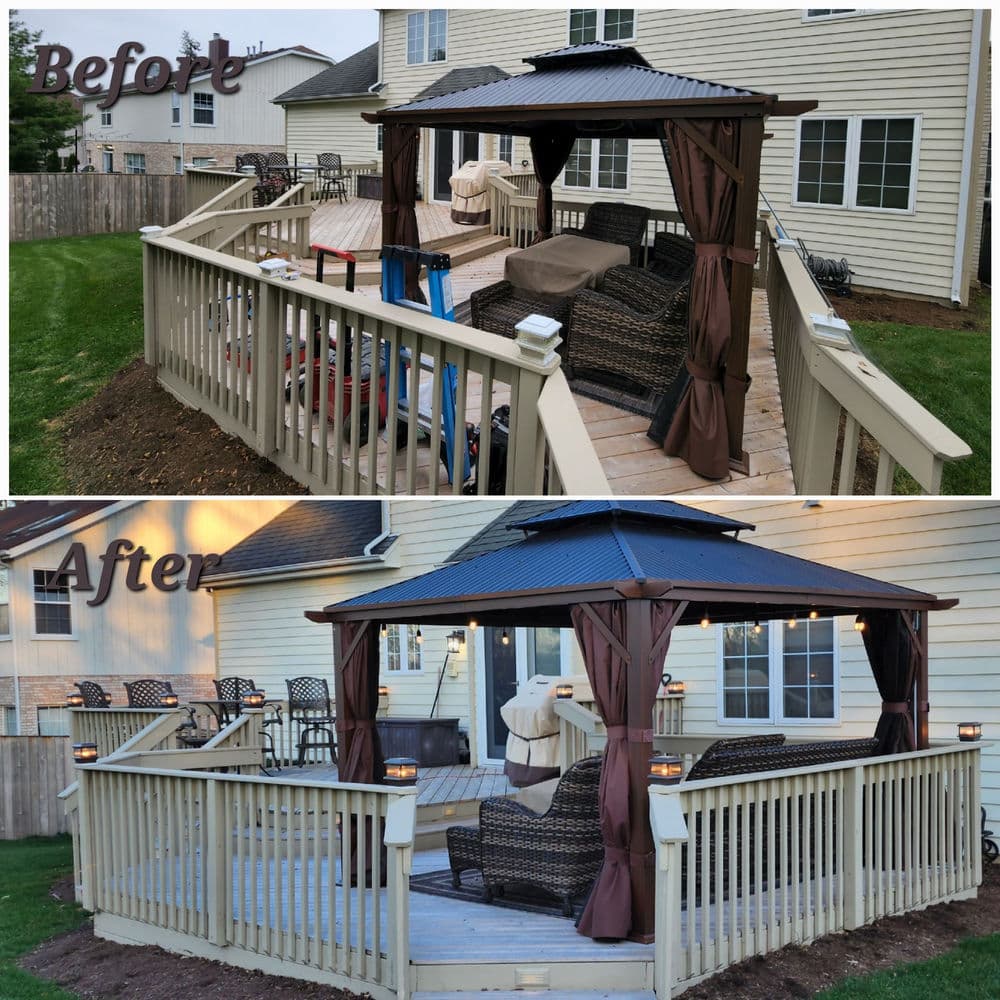 Deck transformation: cozy gazebo before and after makeover with seating and lights.