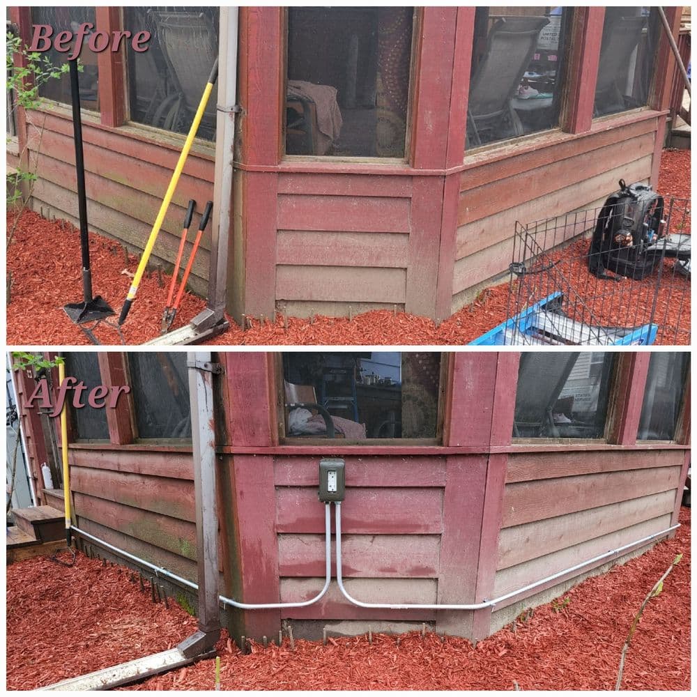 Home improvement transformation: before and after exterior renovation showing clean-up and new wiring.